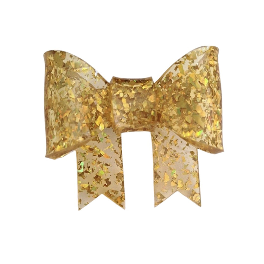 Gold Glitter Flake Bow Brooch