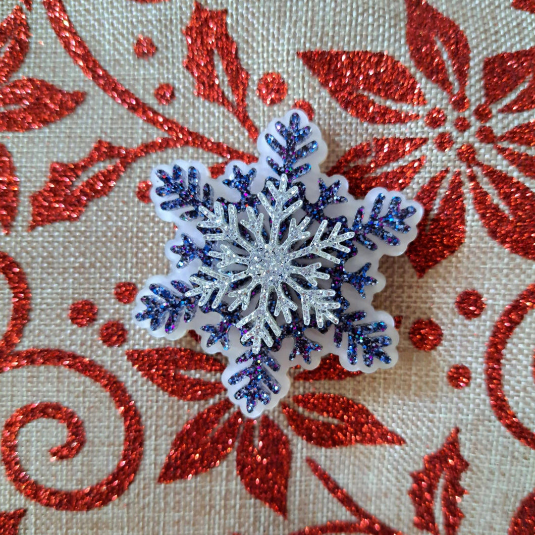 Blue glitter snowflake brooch