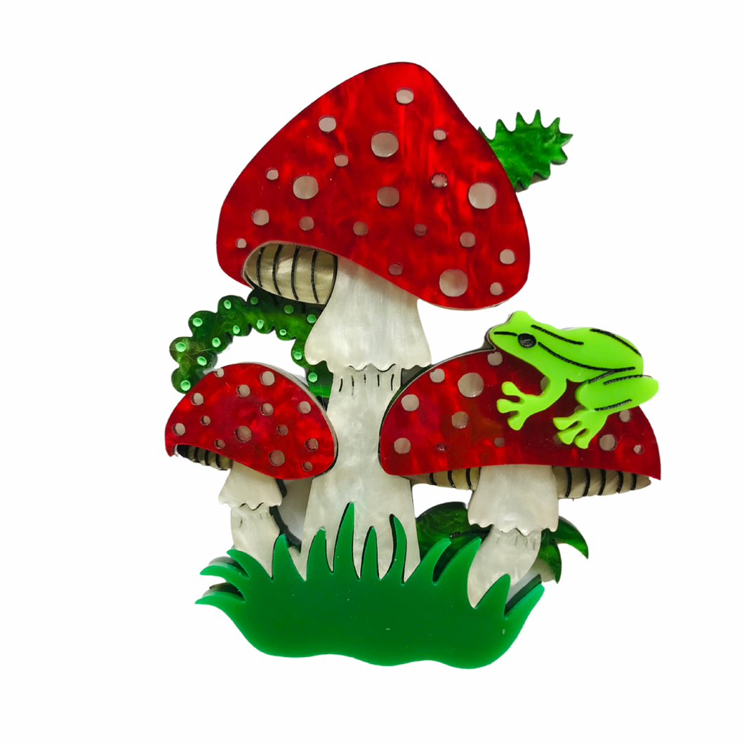 Large Magical Toadstool and Frog Brooch in red Marble