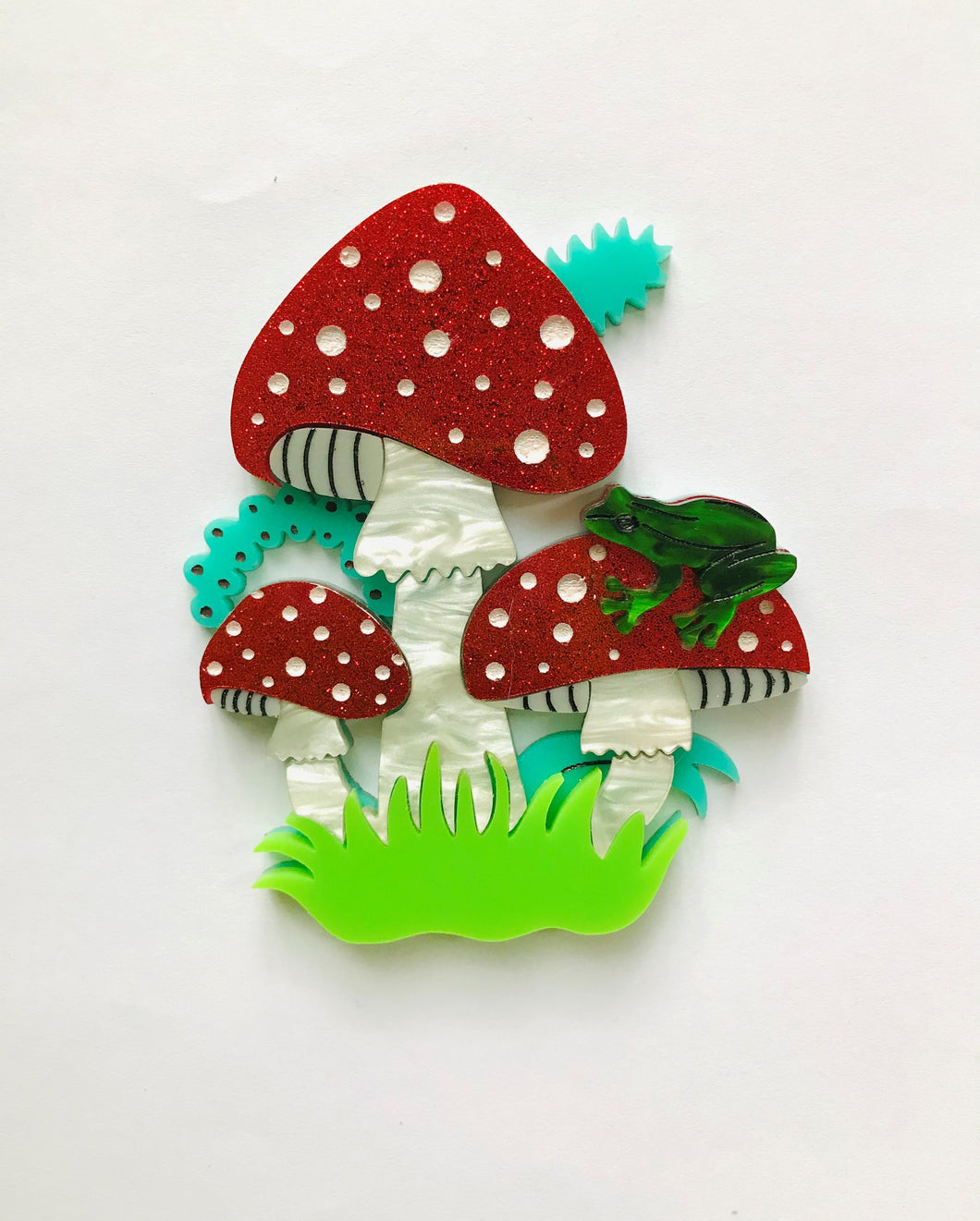 Large Magical Toadstool Brooch in Handpainted Red Glitter