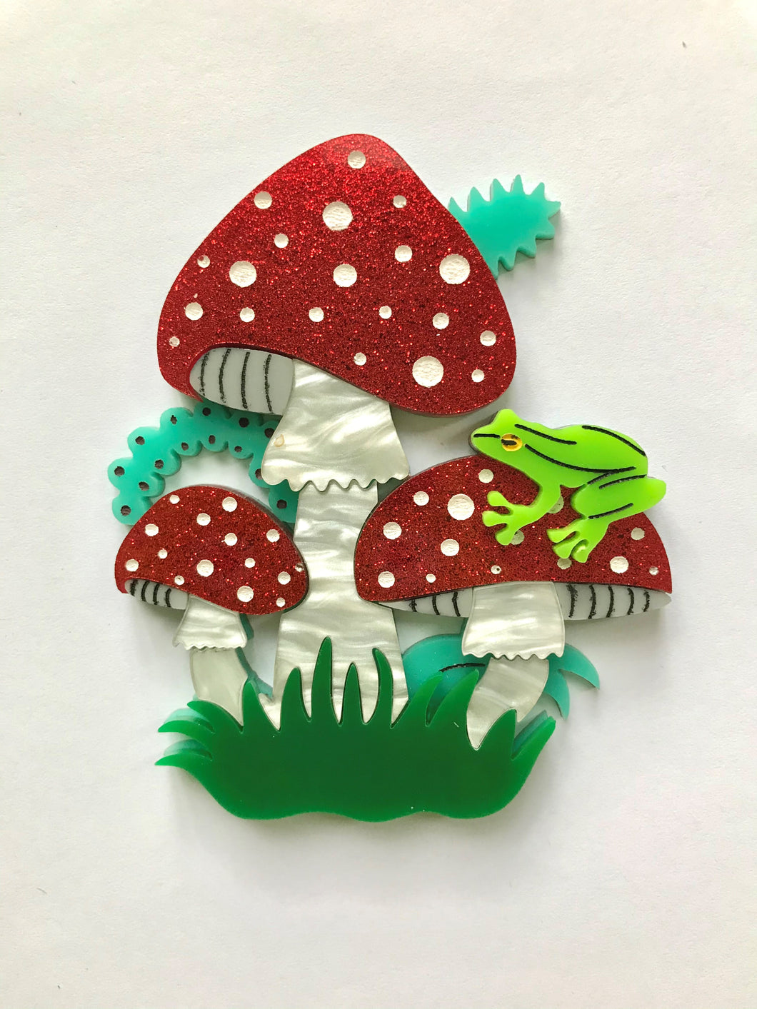 Large Magical Toadstool Brooch in Handpainted Red Glitter