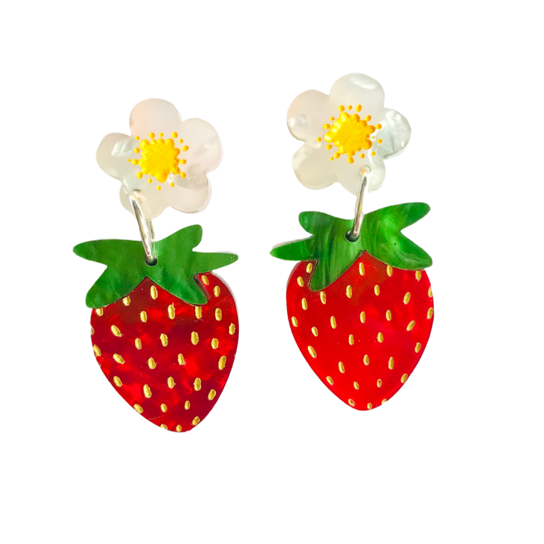 Strawberry Earrings in Red Marble