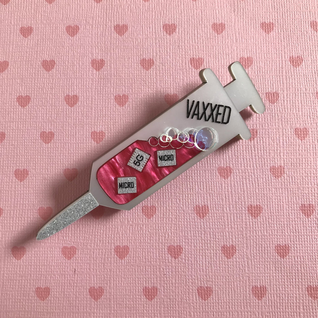 VAXXED Syringe Brooch in Silver and dark pink marble