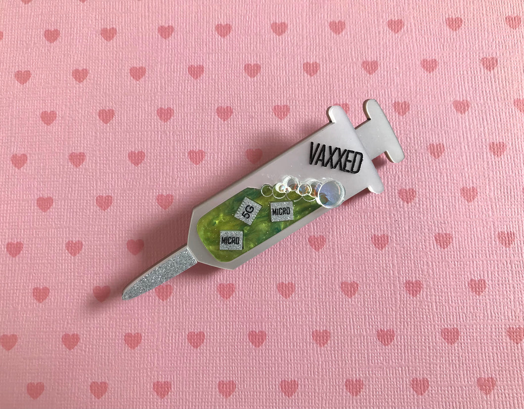 VAXXED Syringe Brooches in Silver and Green Marble