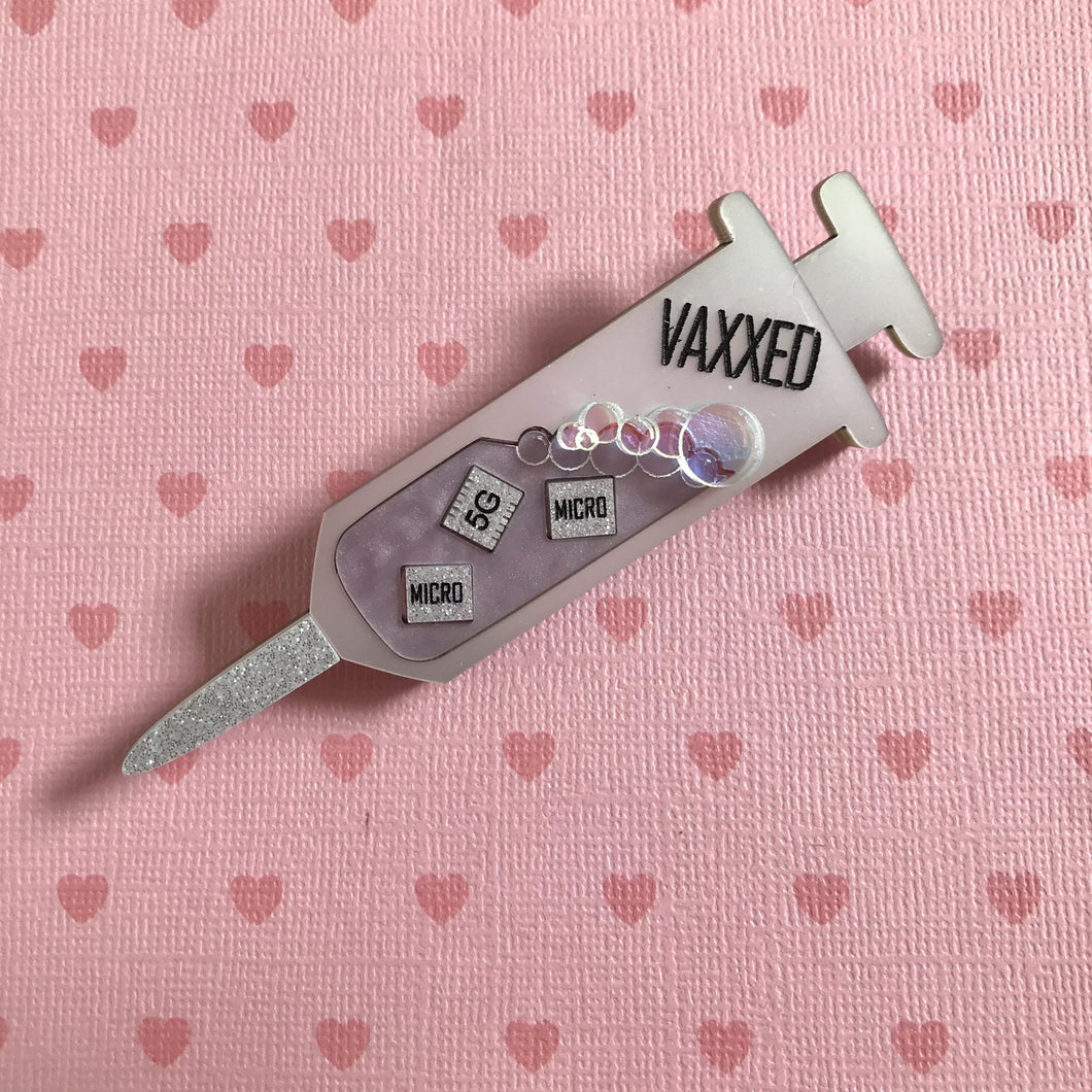 VAXXED Syringe Brooch in silver and lilac marble