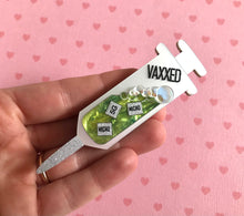 Load image into Gallery viewer, VAXXED Syringe Brooches in Silver and Green Marble
