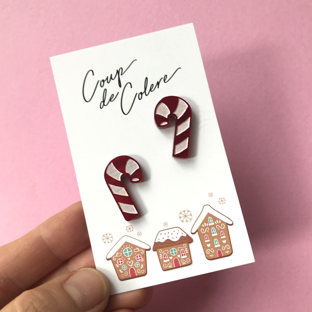 Red Marble Candy Cane Studs