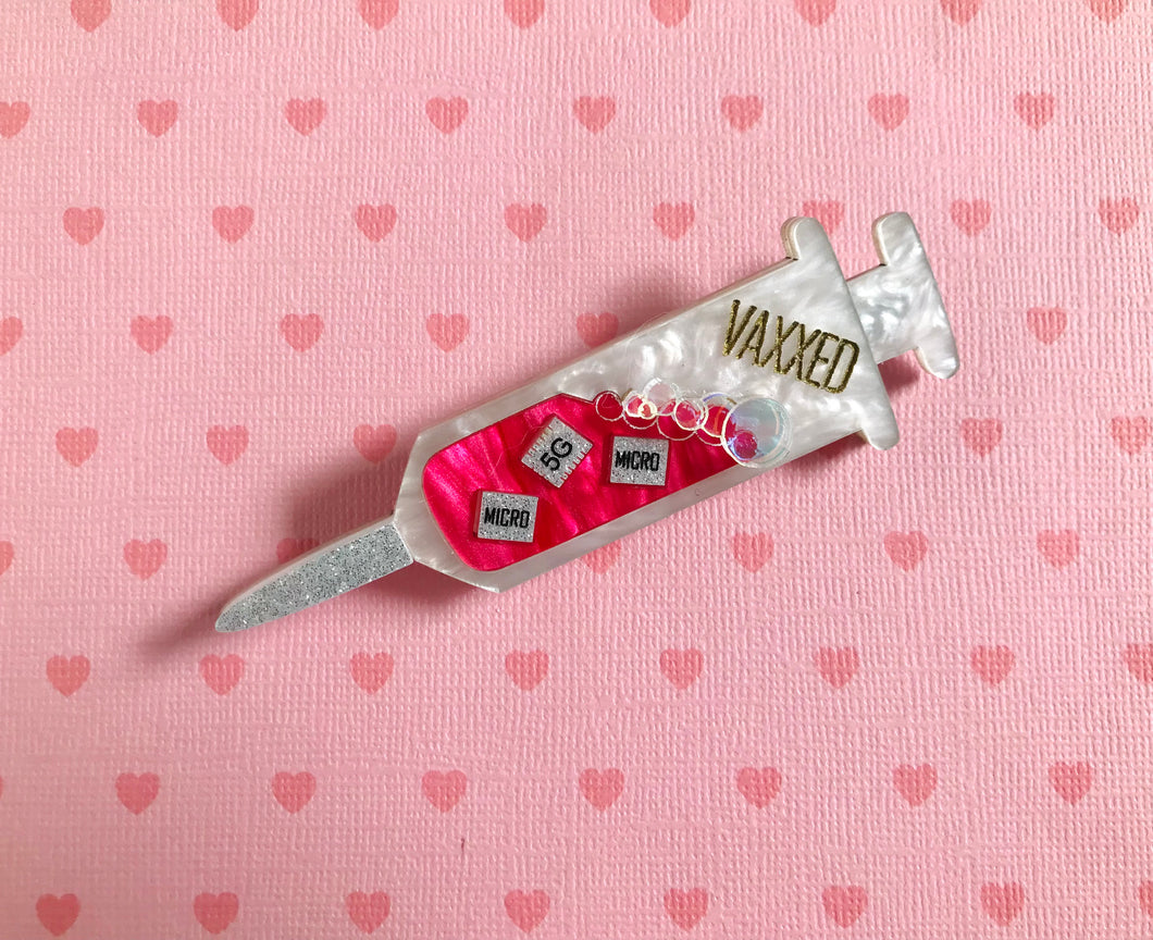 VAXXED Syringe Brooch in White and dark pink marble