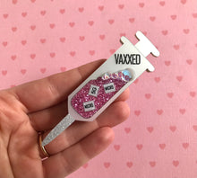 Load image into Gallery viewer, VAXXED Syringe Brooches in Silver and Pink Glitter
