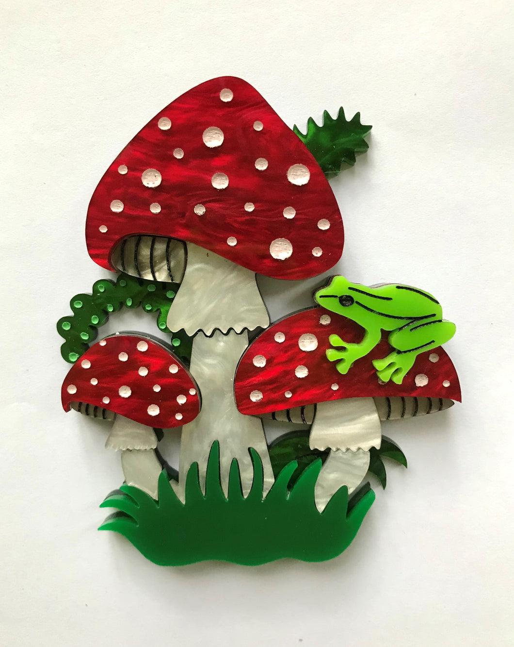 Large Handpainted Toadstool and Frog Brooch in Red Marble