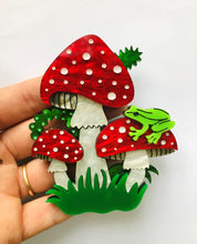 Load image into Gallery viewer, Large Handpainted Toadstool and Frog Brooch in Red Marble
